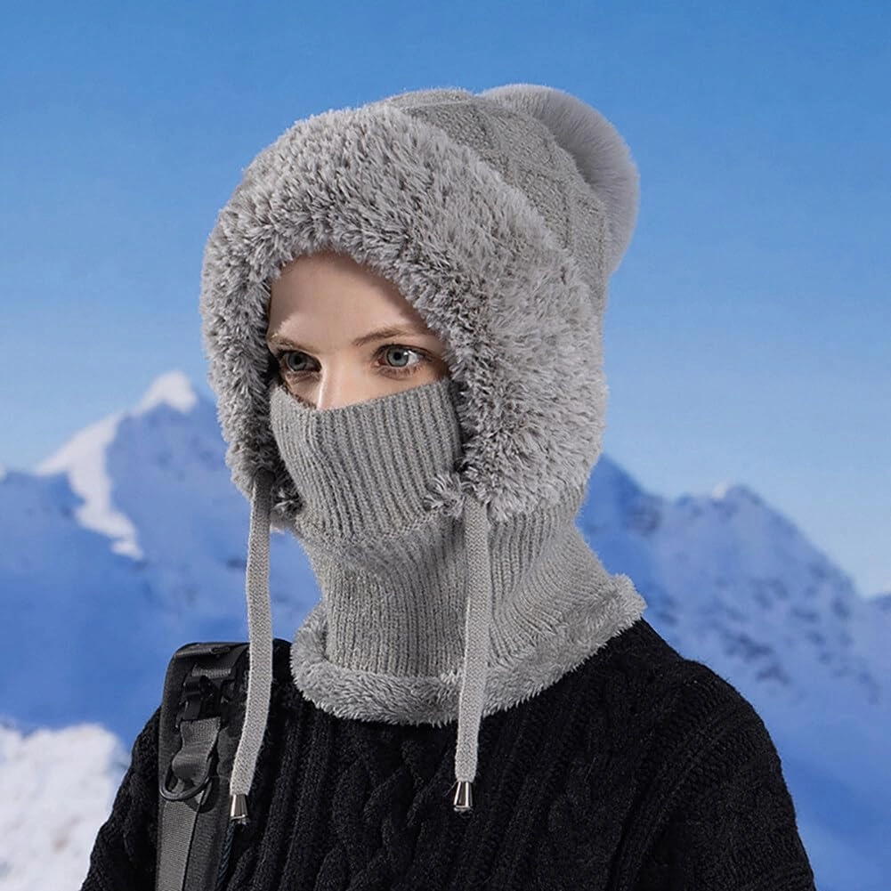 Zcargel Multifunction Balaclava Hat 53cm-58cm Women Winter Warm Earflap Cap Pompom Ear Protection Mask Neck All One Pullover
