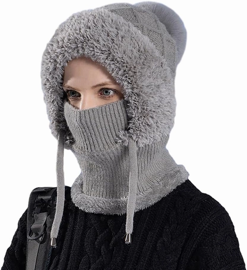 Zcargel Multifunction Balaclava Hat 53cm-58cm Women Winter Warm Earflap Cap Pompom Ear Protection Mask Neck All One Pullover