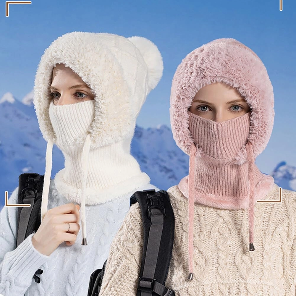 Zcargel Multifunction Balaclava Hat 53cm-58cm Women Winter Warm Earflap Cap Pompom Ear Protection Mask Neck All One Pullover