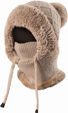 Zcargel Multifunction Balaclava Hat 53cm-58cm Women Winter Warm Earflap Cap Pompom Ear Protection Mask Neck All One Pullover