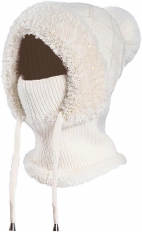 Zcargel Multifunction Balaclava Hat 53cm-58cm Women Winter Warm Earflap Cap Pompom Ear Protection Mask Neck All One Pullover