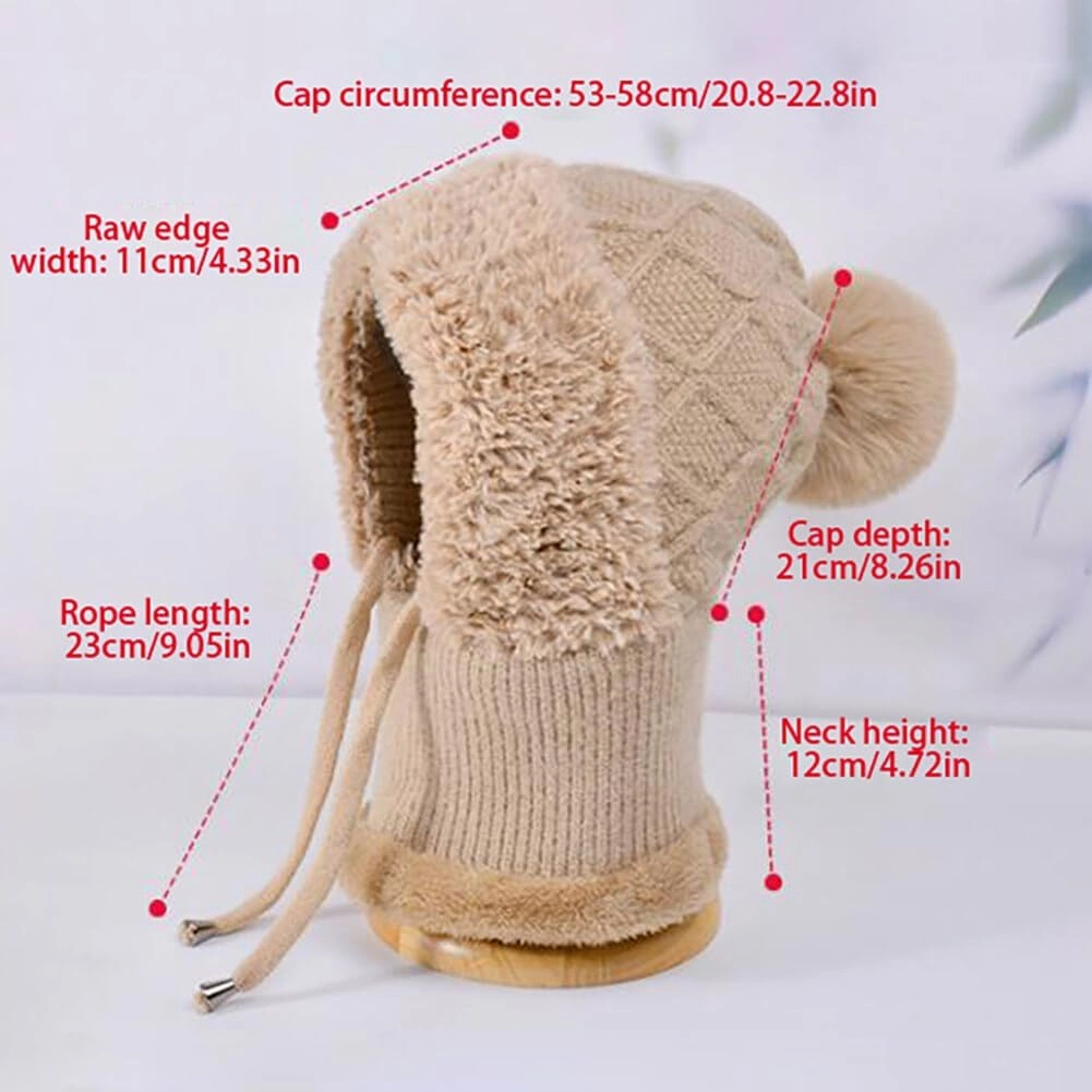 Zcargel Multifunction Balaclava Hat 53cm-58cm Women Winter Warm Earflap Cap Pompom Ear Protection Mask Neck All One Pullover
