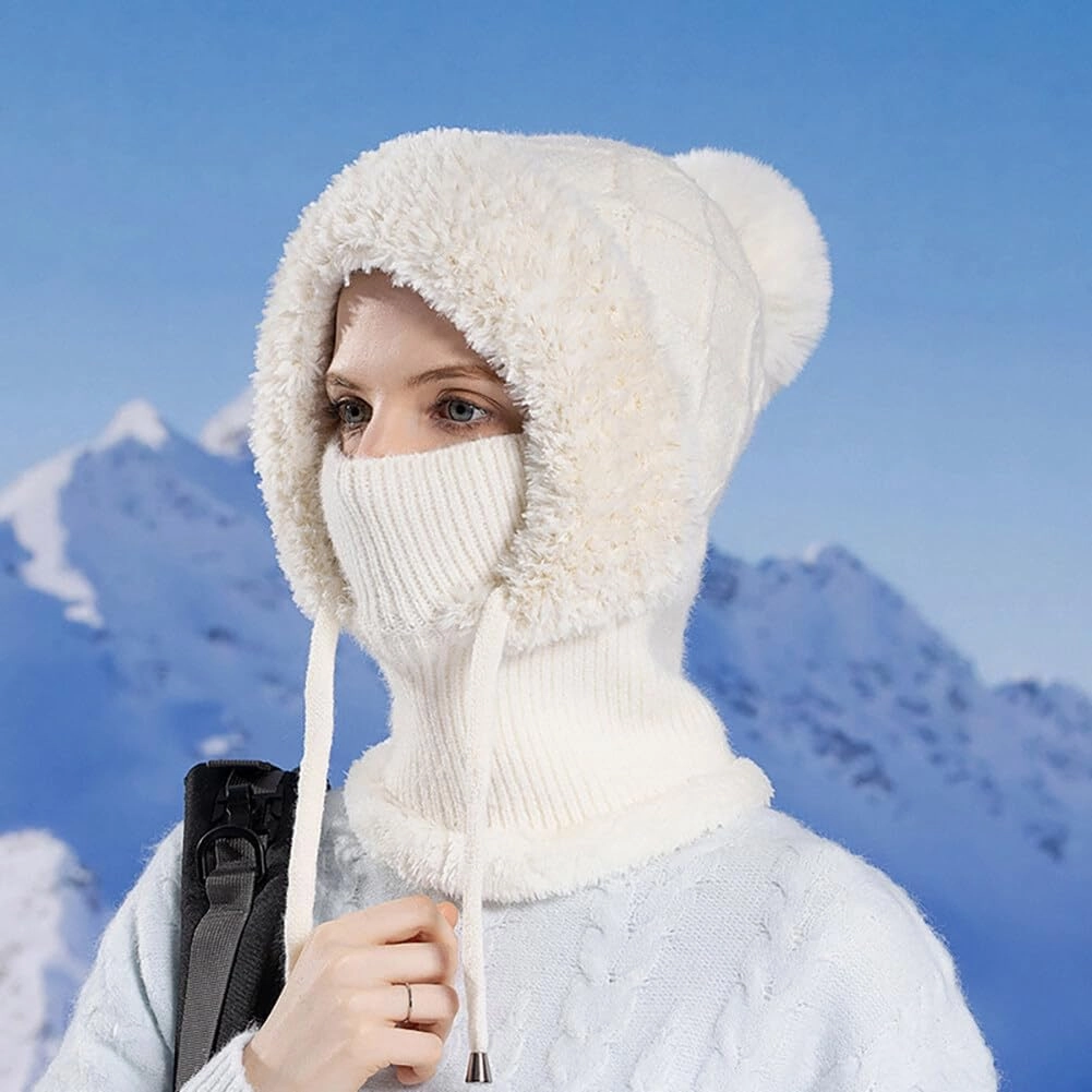 Zcargel Multifunction Balaclava Hat 53cm-58cm Women Winter Warm Earflap Cap Pompom Ear Protection Mask Neck All One Pullover