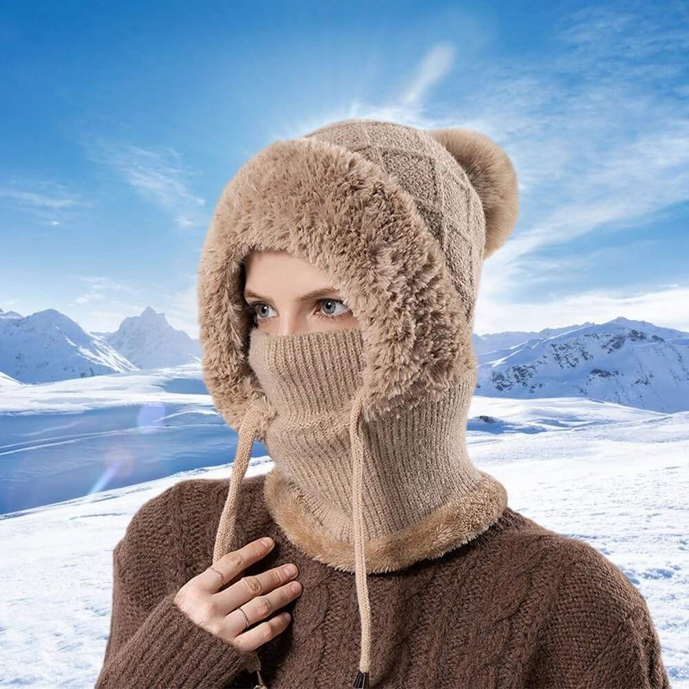 Zcargel Multifunction Balaclava Hat 53cm-58cm Women Winter Warm Earflap Cap Pompom Ear Protection Mask Neck All One Pullover