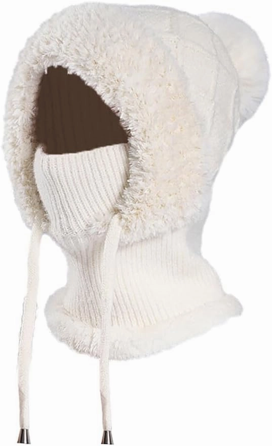 Zcargel Multifunction Balaclava Hat 53cm-58cm Women Winter Warm Earflap Cap Pompom Ear Protection Mask Neck All One Pullover