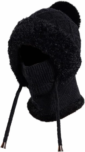 Zcargel Multifunction Balaclava Hat 53cm-58cm Women Winter Warm Earflap Cap Pompom Ear Protection Mask Neck All One Pullover
