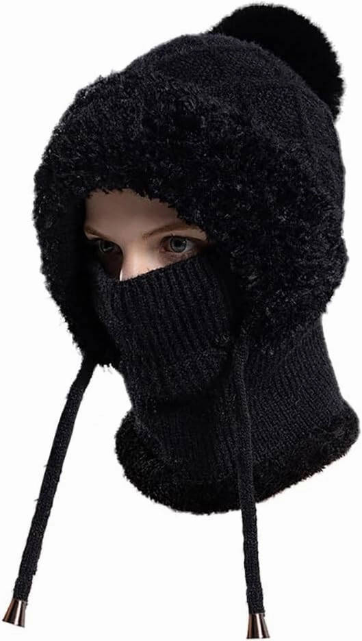 Zcargel Multifunction Balaclava Hat 53cm-58cm Women Winter Warm Earflap Cap Pompom Ear Protection Mask Neck All One Pullover