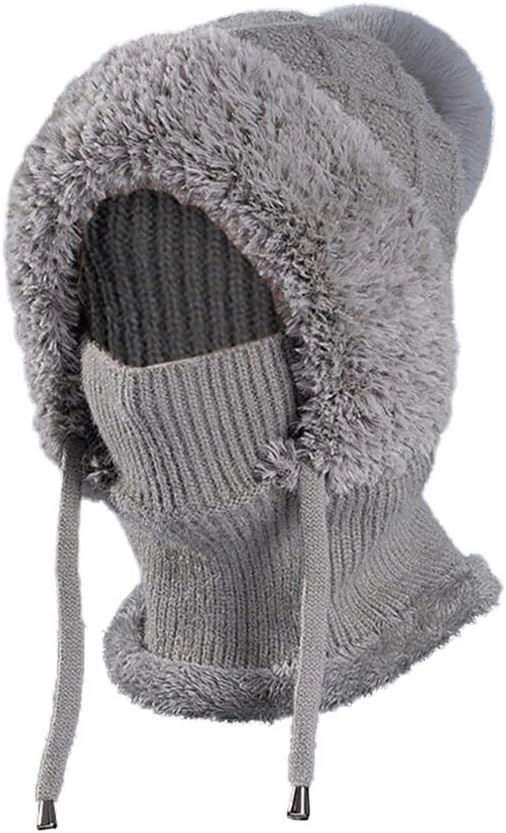 Zcargel Multifunction Balaclava Hat 53cm-58cm Women Winter Warm Earflap Cap Pompom Ear Protection Mask Neck All One Pullover