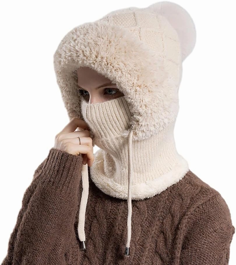 Zcargel Multifunction Balaclava Hat 53cm-58cm Women Winter Warm Earflap Cap Pompom Ear Protection Mask Neck All One Pullover