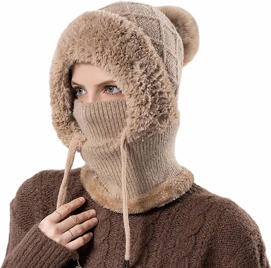 Zcargel Multifunction Balaclava Hat 53cm-58cm Women Winter Warm Earflap Cap Pompom Ear Protection Mask Neck All One Pullover