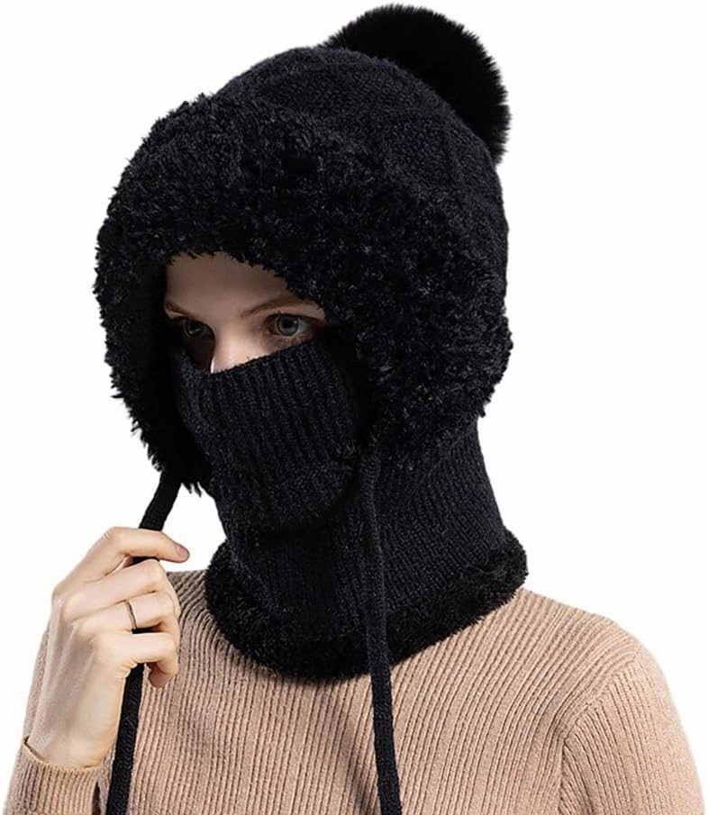 Zcargel Multifunction Balaclava Hat 53cm-58cm Women Winter Warm Earflap Cap Pompom Ear Protection Mask Neck All One Pullover