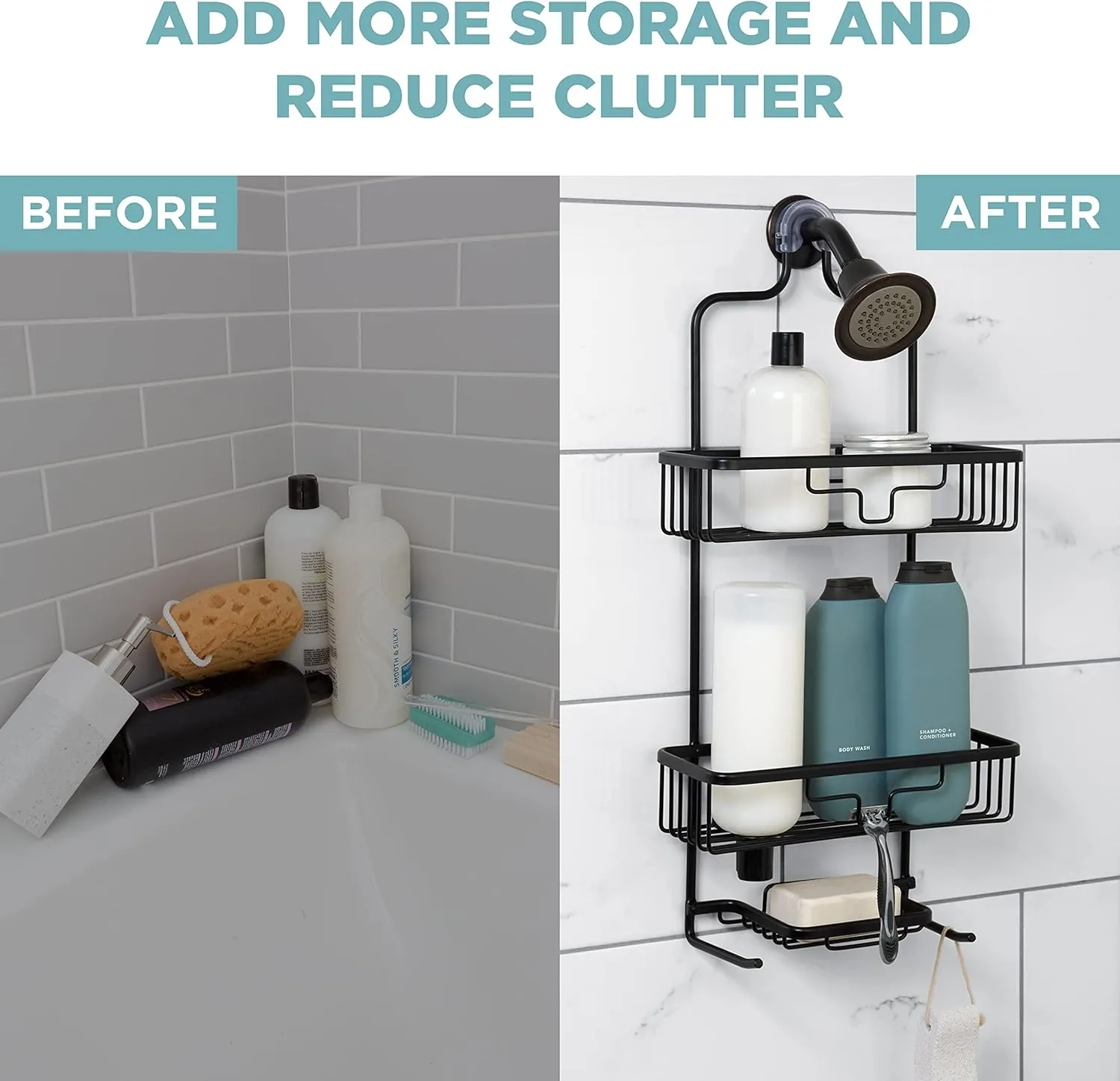 Zenna Home Rustproof Shower Caddy Hanging Bathroom Organizer, Aluminum Shower Rack with 2 Shelves and Built in Hooks, Premium Over Shower Head Storage System, Black