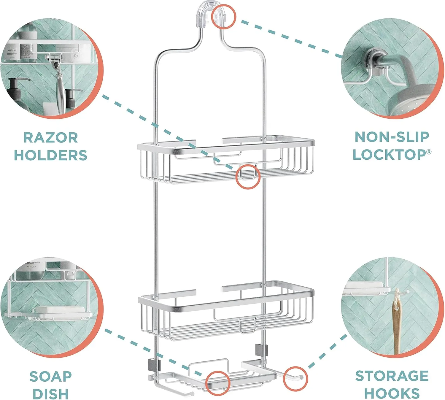 Zenna Home Rustproof Shower Caddy Hanging Bathroom Organizer, Aluminum Shower Rack with 2 Shelves and Built in Hooks, Premium Over Shower Head Storage System, Satin Chrome