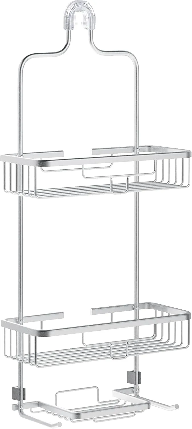 Zenna Home Rustproof Shower Caddy Hanging Bathroom Organizer, Aluminum Shower Rack with 2 Shelves and Built in Hooks, Premium Over Shower Head Storage System, Satin Chrome