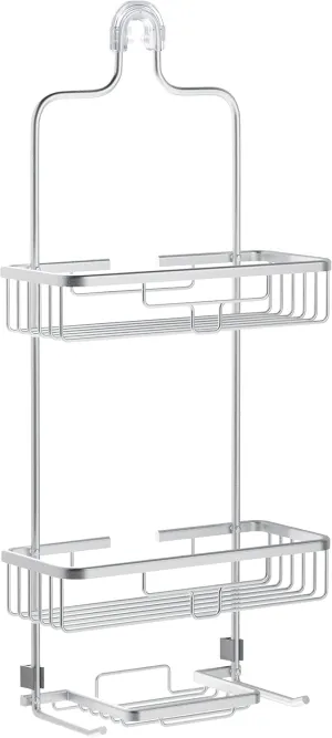 Zenna Home Rustproof Shower Caddy Hanging Bathroom Organizer, Aluminum Shower Rack with 2 Shelves and Built in Hooks, Premium Over Shower Head Storage System, Satin Chrome