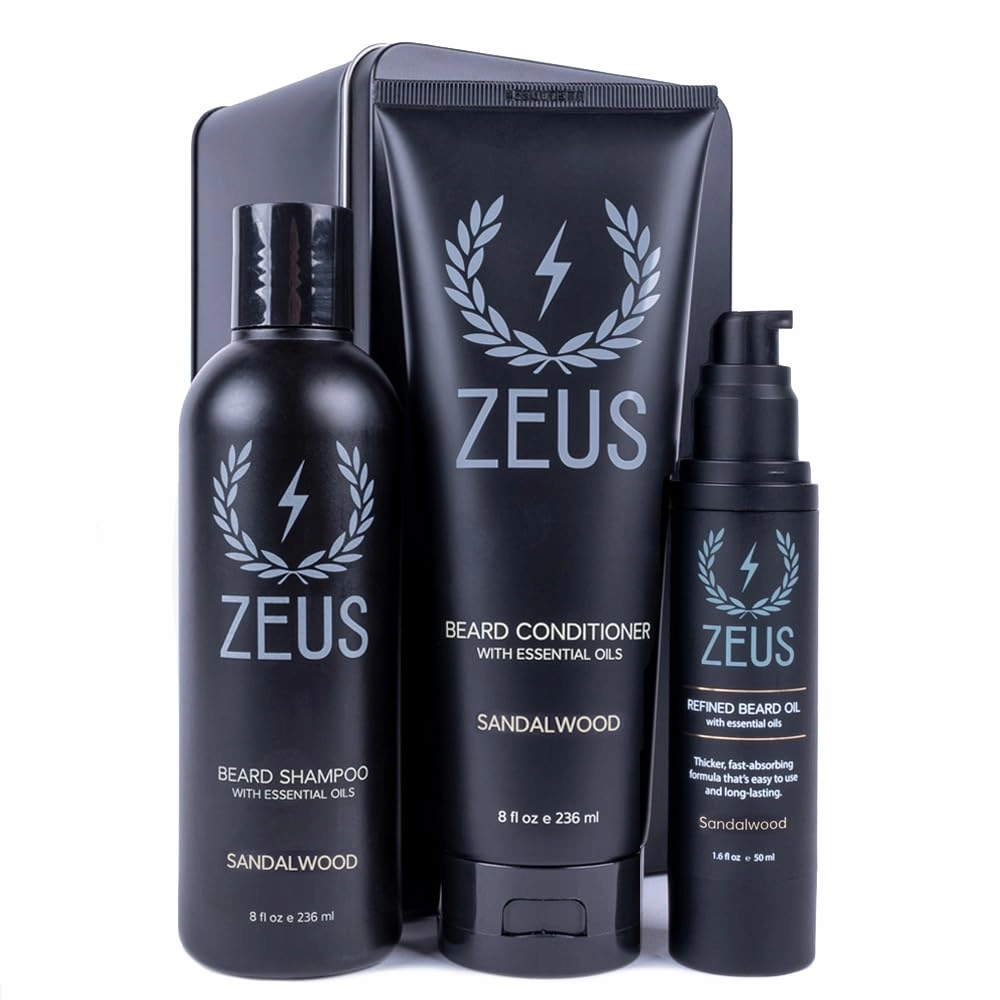 ZEUS Beard Starter Kit for Thick Beards, Natural Beard Shampoo, Beard Conditioner & Premium Refined Beard Oil (Made in USA) Sandalwood