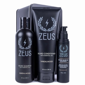 ZEUS Beard Starter Kit for Thick Beards, Natural Beard Shampoo, Beard Conditioner & Premium Refined Beard Oil (Made in USA) Sandalwood