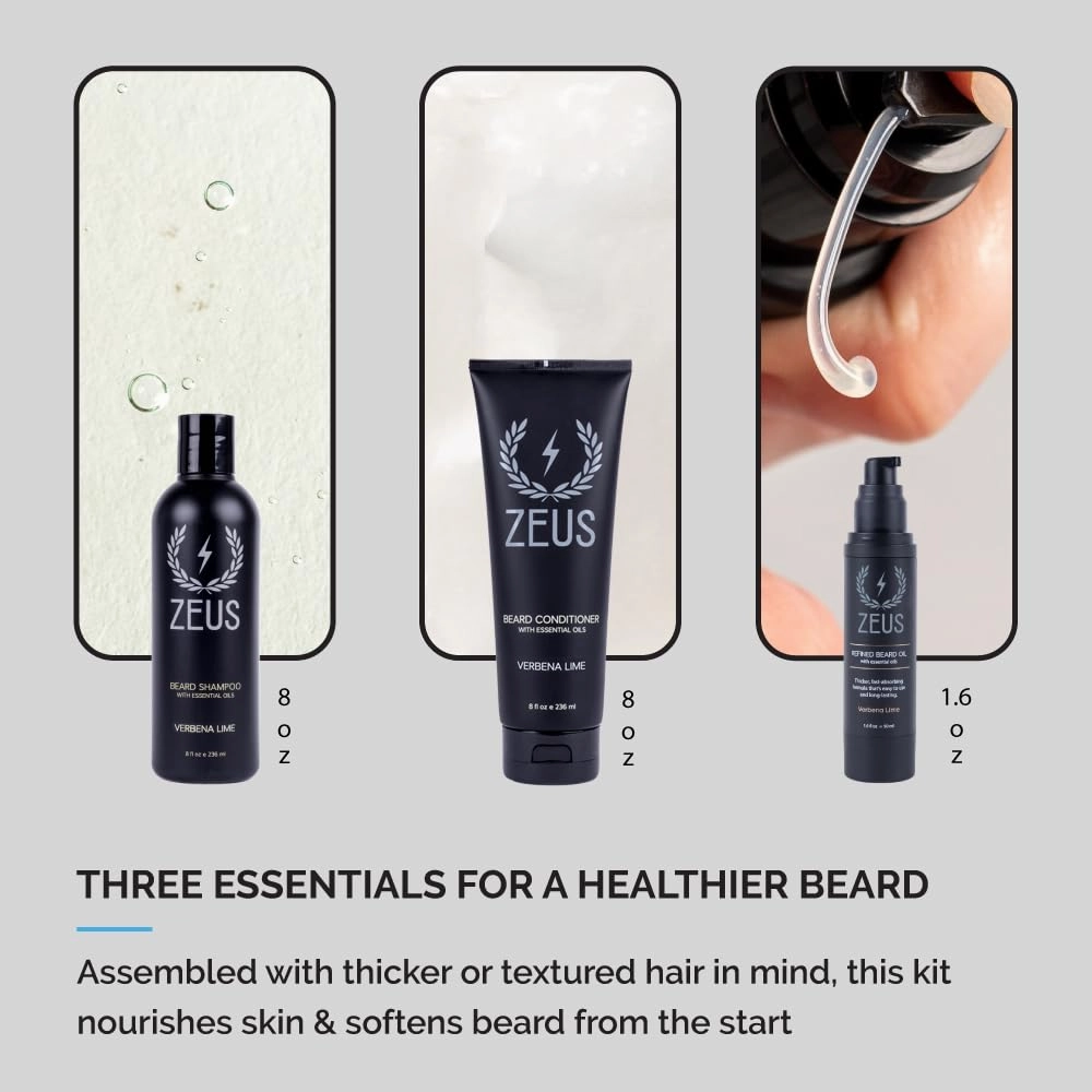 ZEUS Beard Starter Kit for Thick Beards, Natural Beard Shampoo, Beard Conditioner & Premium Refined Beard Oil (Made in USA) Sandalwood