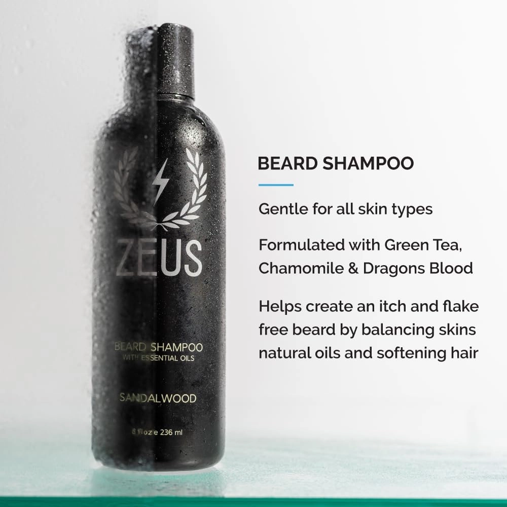 ZEUS Beard Starter Kit for Thick Beards, Natural Beard Shampoo, Beard Conditioner & Premium Refined Beard Oil (Made in USA) Sandalwood