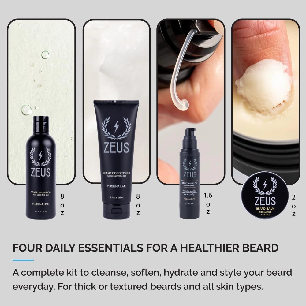 ZEUS Everyday Beard Care Kit With Refined Oil - Shampoo & Conditioner Wash, Balm (Made in USA) Vanilla Rum