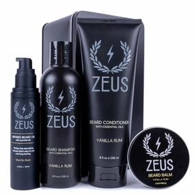 ZEUS Everyday Beard Care Kit With Refined Oil - Shampoo & Conditioner Wash, Balm (Made in USA) Vanilla Rum