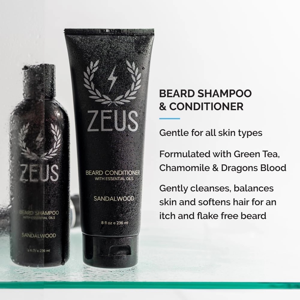 ZEUS Everyday Beard Care Kit With Refined Oil - Shampoo & Conditioner Wash, Balm (Made in USA) Vanilla Rum