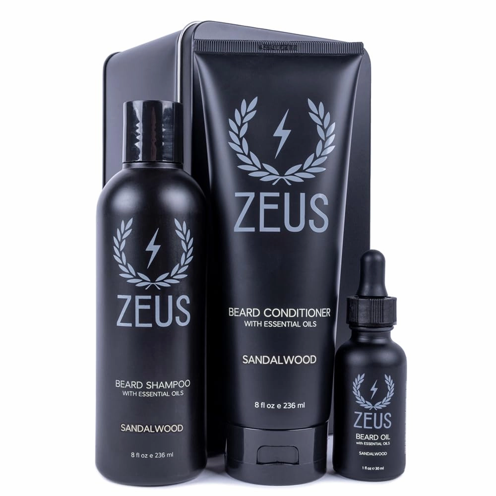 ZEUS Starter Beard Wash & Beard Oil Kit for Men, Soften, Hydrates, & Moisturizes Facial Hair (Sandalwood) MADE IN USA