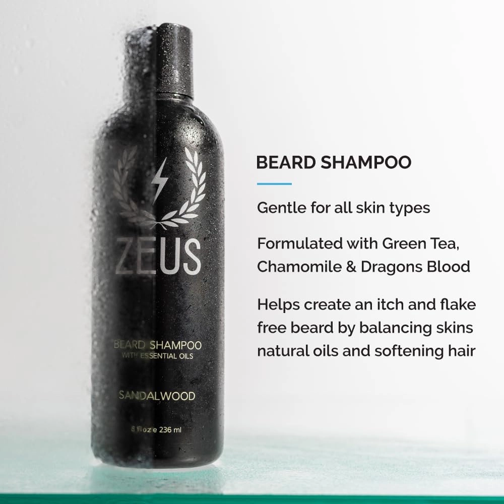ZEUS Starter Beard Wash & Beard Oil Kit for Men, Soften, Hydrates, & Moisturizes Facial Hair (Sandalwood) MADE IN USA