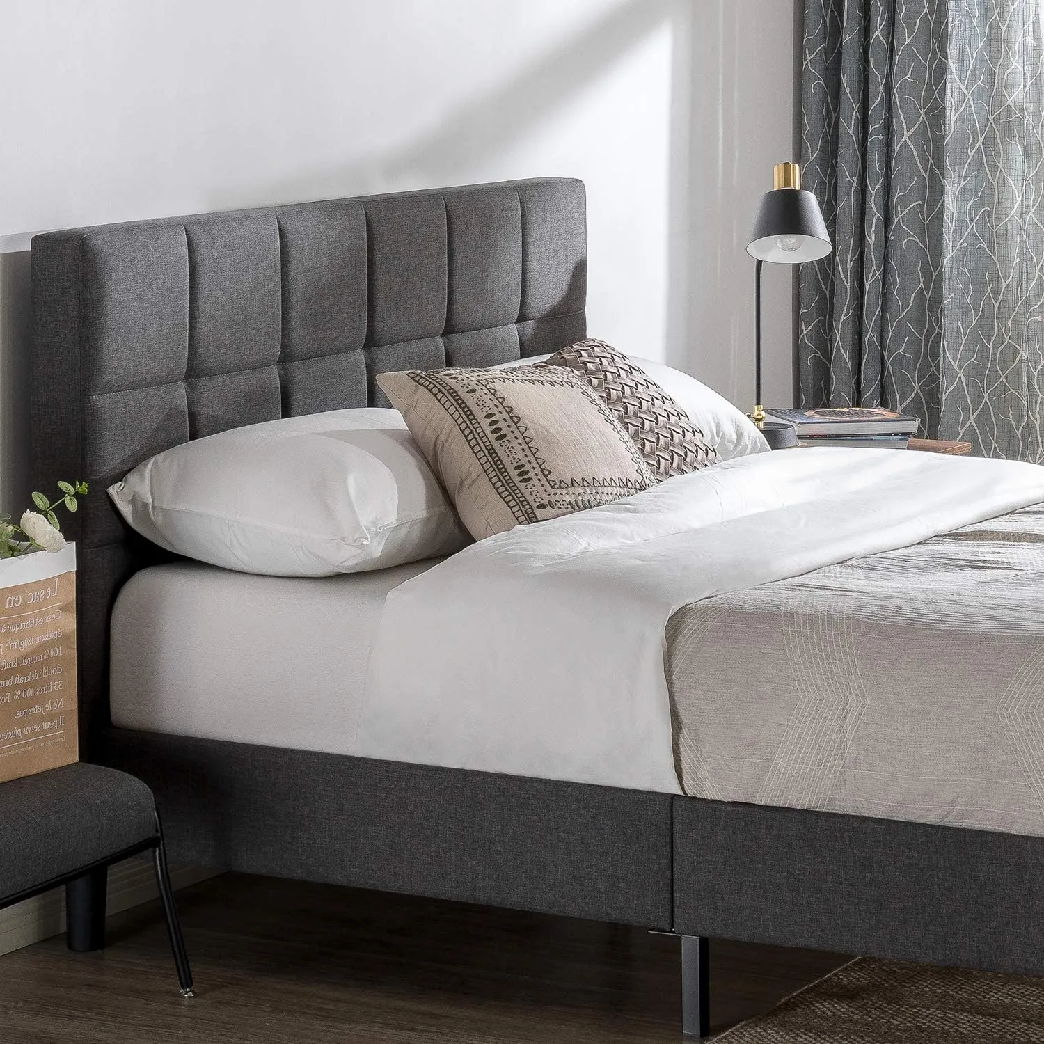 ZINUS Lottie Upholstered Platform Bed Frame, Mattress Foundation, Wood Slat Support, No Box Spring Needed, Easy Assembly, Grey, Full