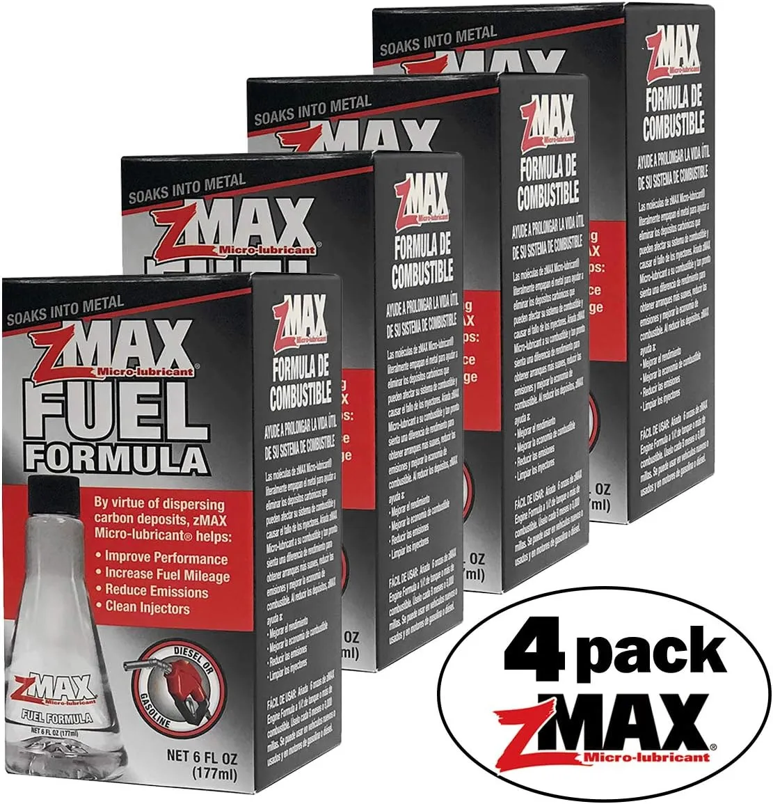 zMAX 58-106 - Fuel Formula - Easy to Use - Fuel Treatment Reduces Carbon Build-Up & Lubricates Metal Extending Life of Vehicle - Runs Efficiently Improving Gas or Diesel Mileage - 6 oz. - 4 Pack
