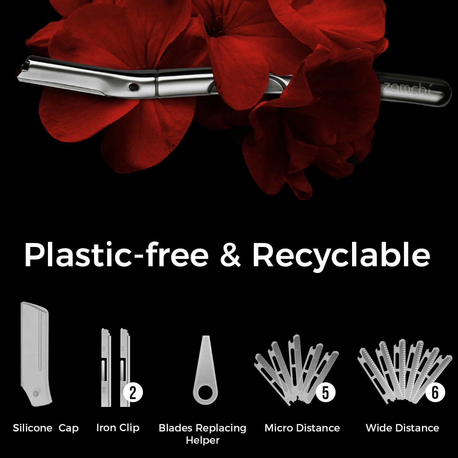 ZOMCHI Eyebrow Razor and Face Razor for Women and Men, Reusable Metal Handle with 11 Refill Blades, Dermaplane Razor with Protective Silicone Cap, Eyebrow Hair Trimmer - Polished Silver